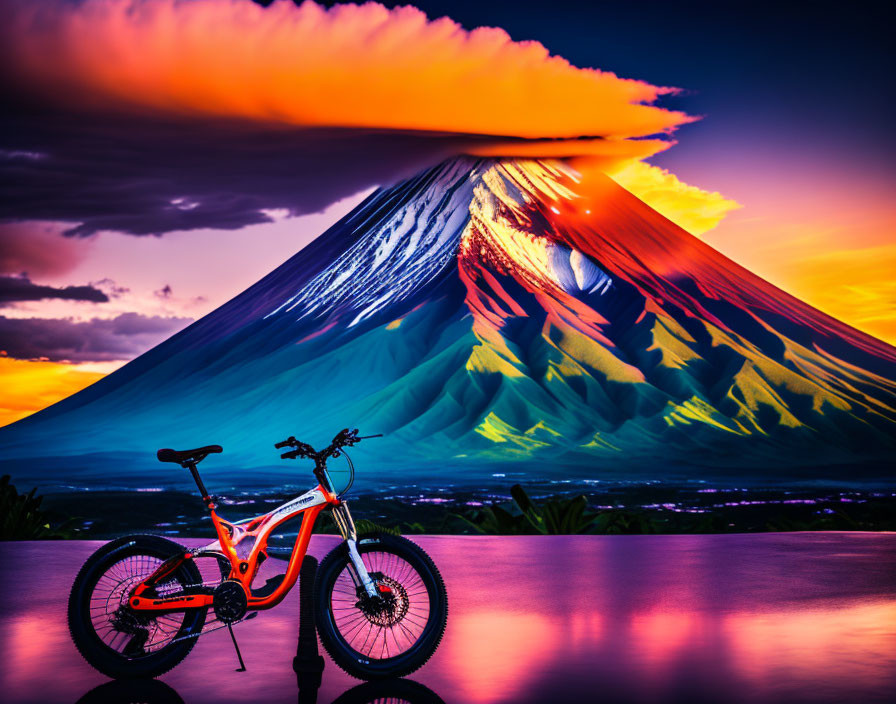 Electric bicycle against Mount Fuji at sunset