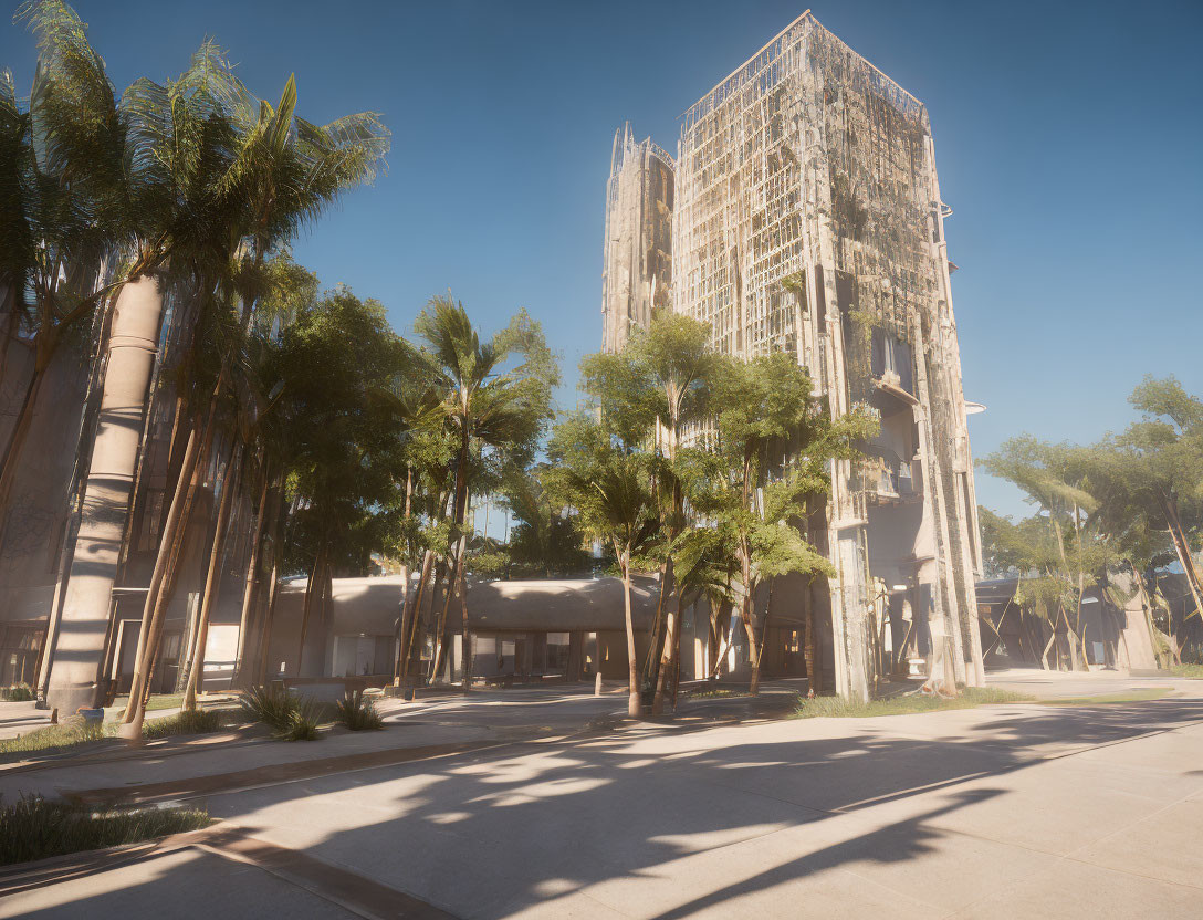 Sunlit cityscape with modern buildings, construction site, palm trees, clear blue sky