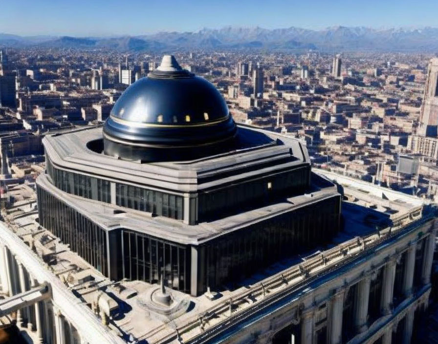 Circular Building with Dome Surrounded by Cityscape and Mountains