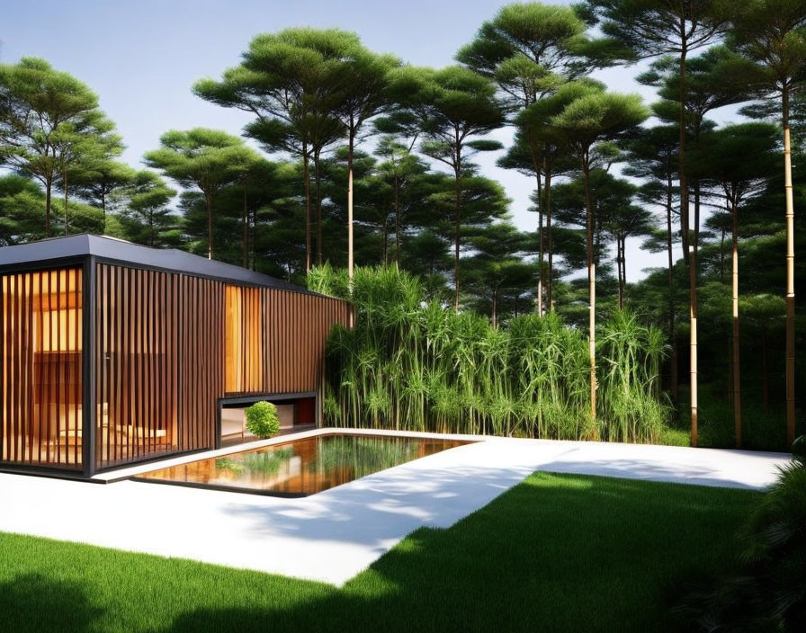 Contemporary House with Wooden Slats Facade and Reflective Pool