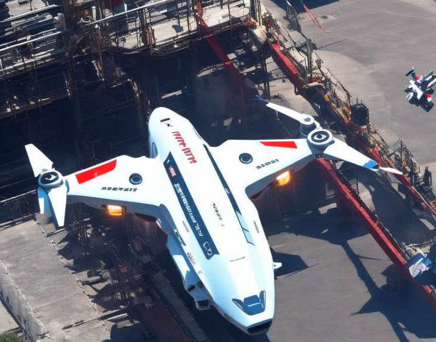 Futuristic white and red spacecraft at industrial facility