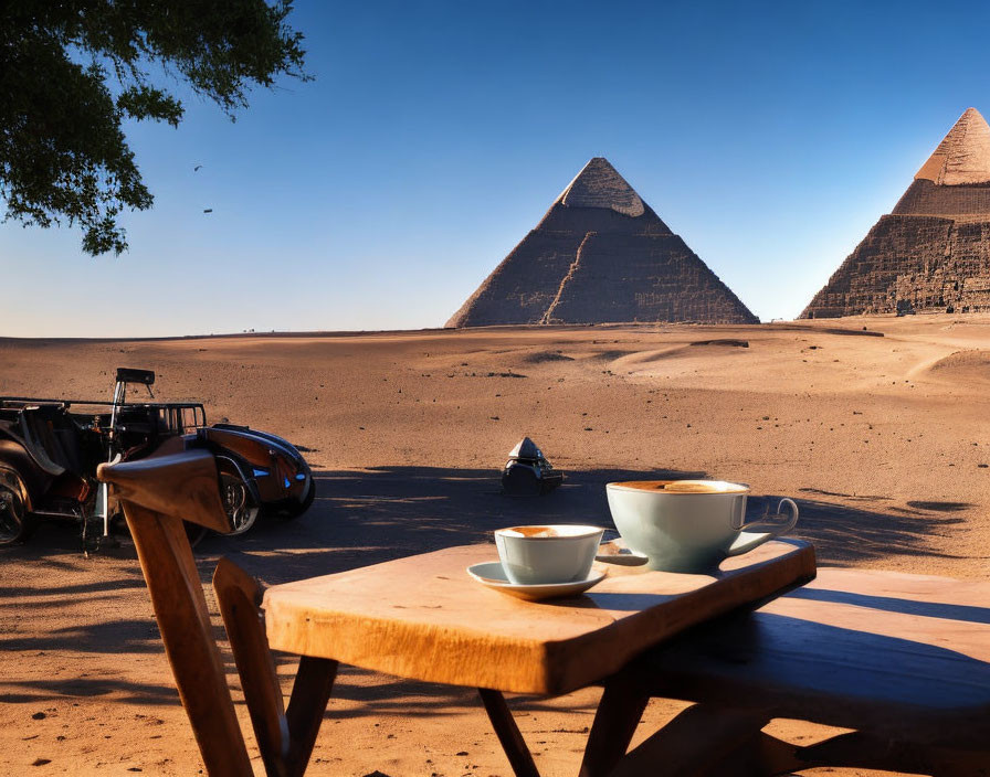 Vintage car and tea cups with Great Pyramids view on wooden table.