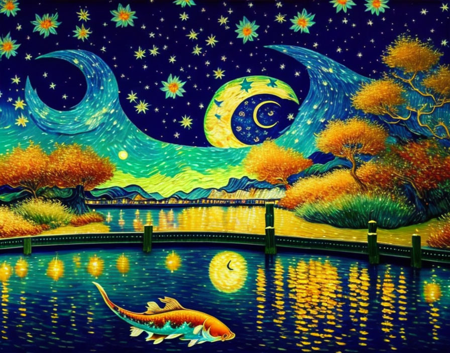 Colorful artwork of starry night, moon, autumn trees, koi fish, and celestial reflection