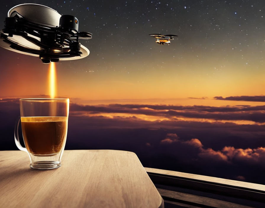 Glass of liquid on table with drone carrying tray and another flying in twilight sky with stars.