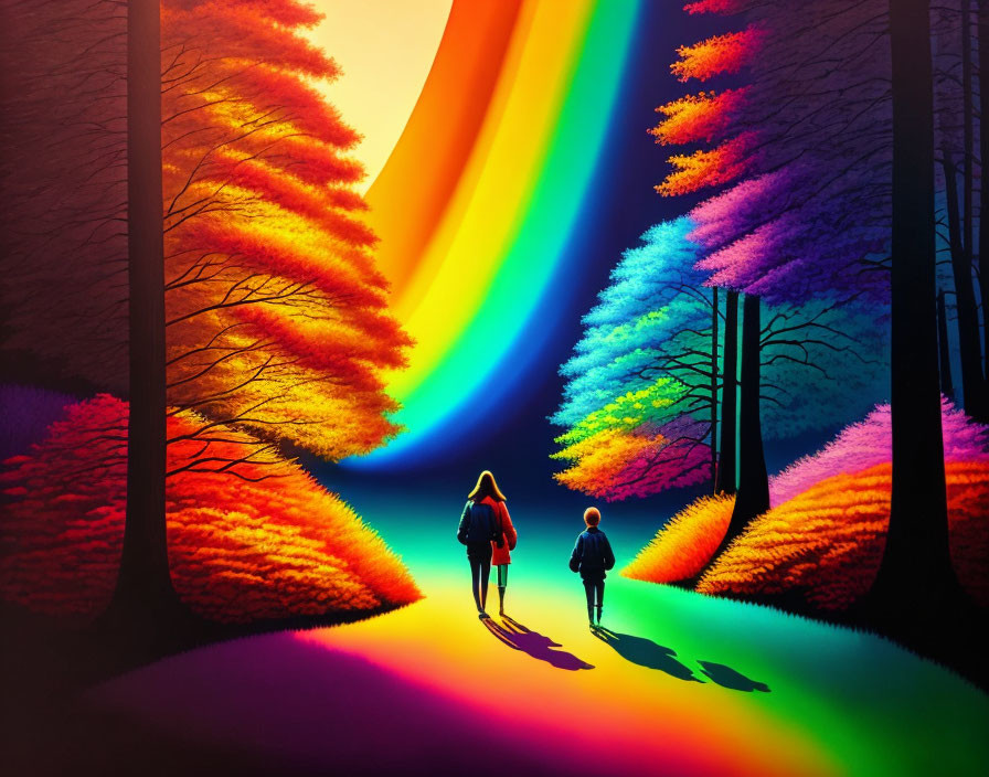 Vibrant multicolored light beam in autumn forest with two people walking