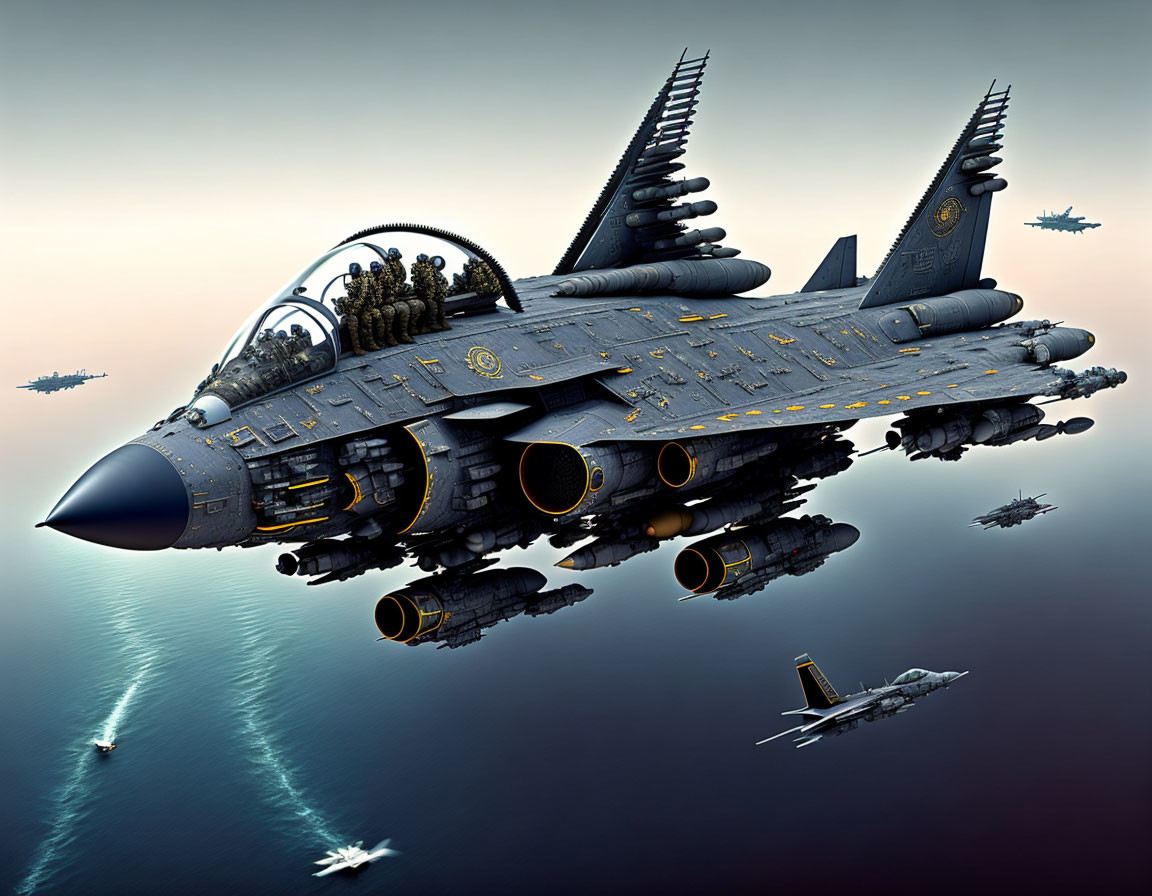 Detailed digital artwork: Futuristic fighter jet above ocean