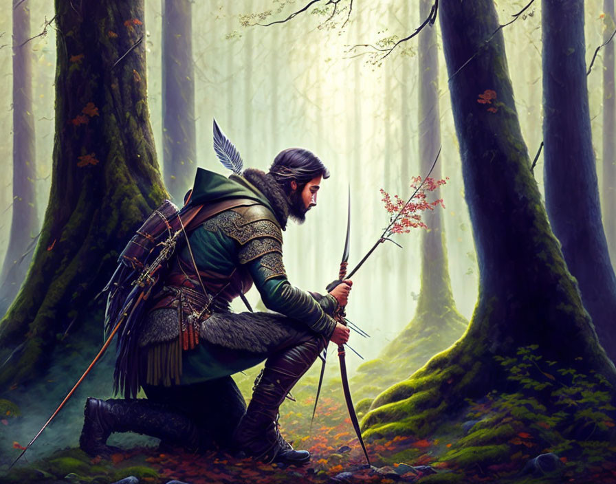 Bearded archer in medieval attire with bow and arrow in misty forest