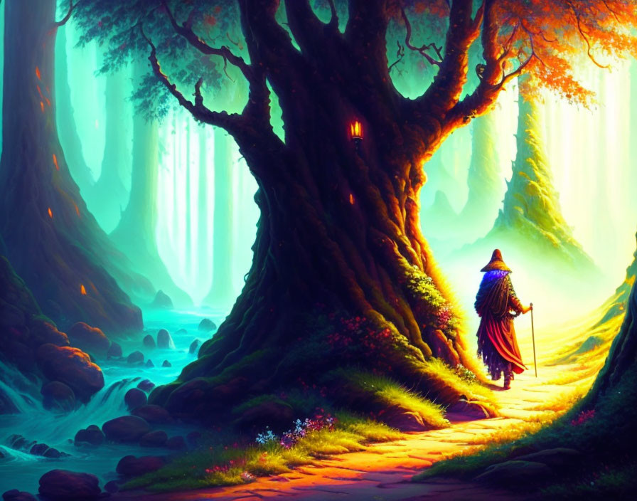 Cloaked traveler approaching tree door in mystical forest with glowing ambiance and river