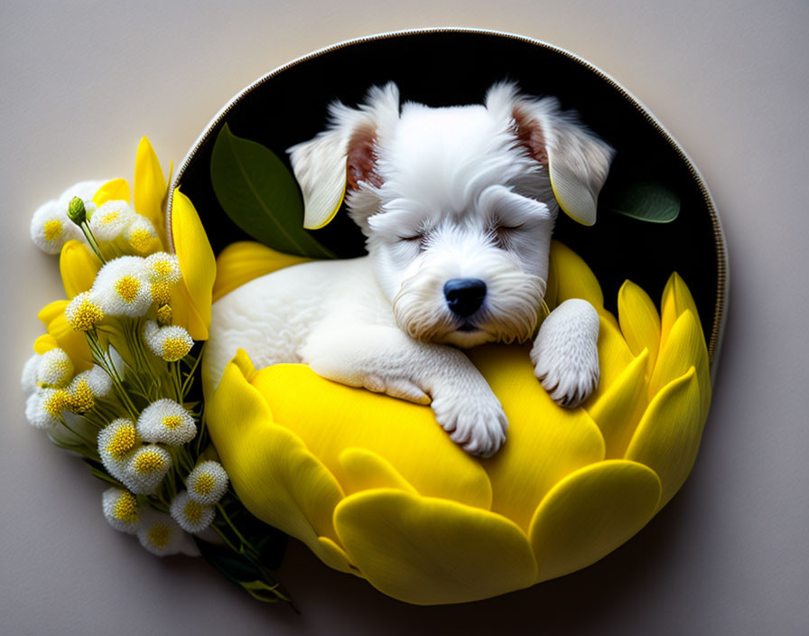 White Puppy Sleeping in Yellow Tulip Bed Among Flowers