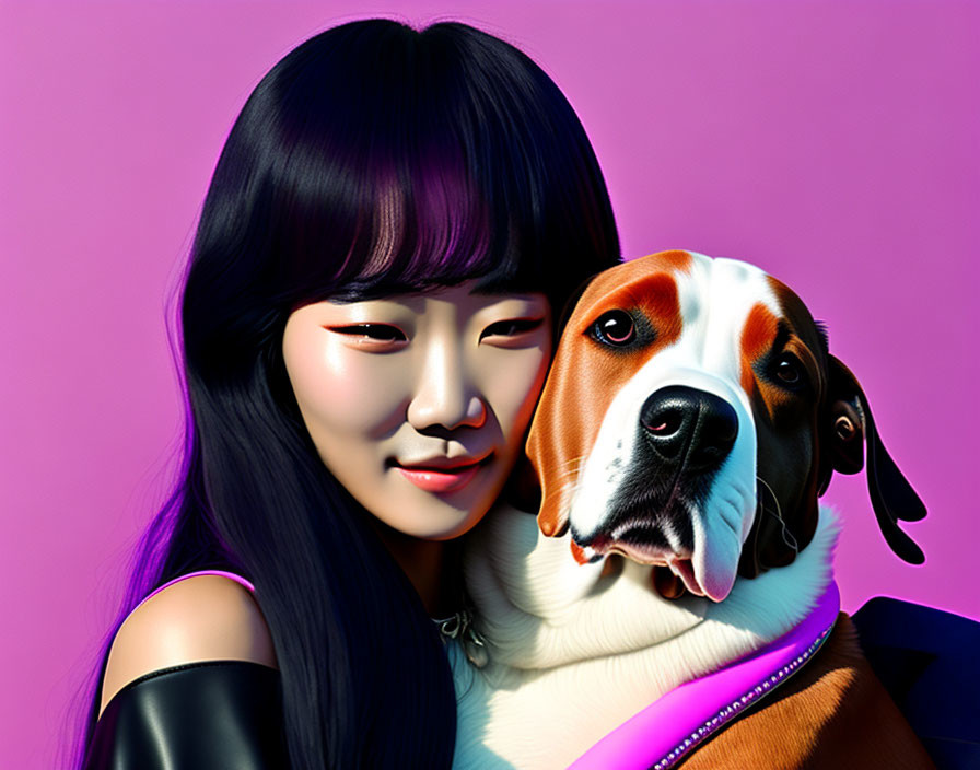 Smiling woman with black hair and beagle on pink background