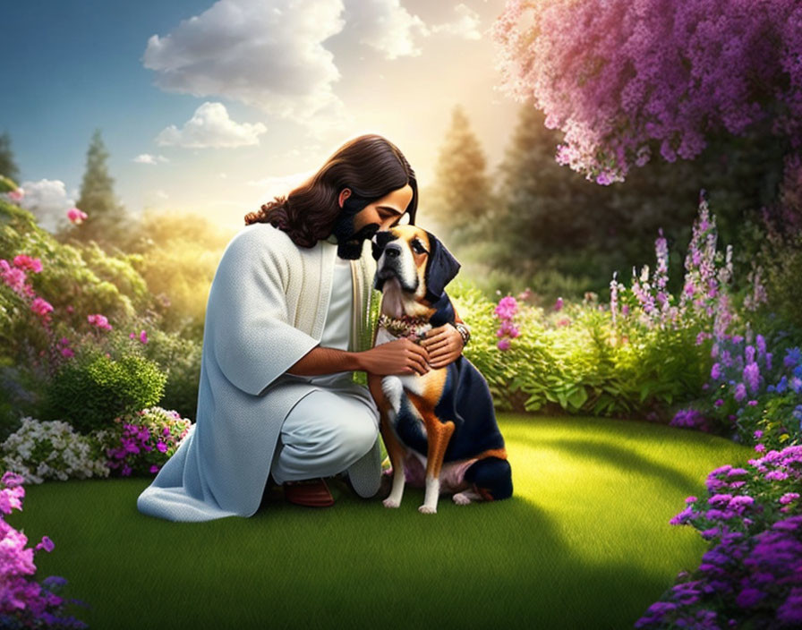 Man in white robe embracing dog in vibrant garden