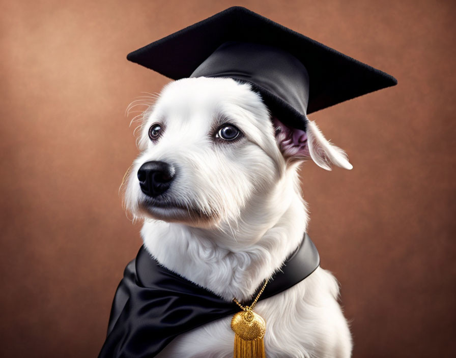 White Dog in Graduation Cap and Gown on Brown Background