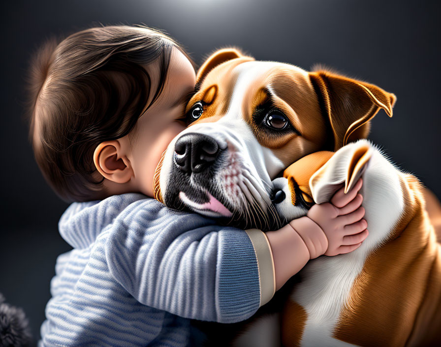 Toddler embracing brown and white dog in heartwarming moment