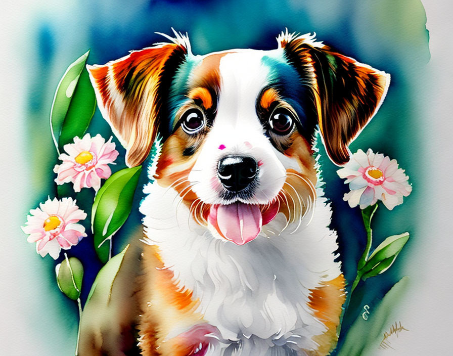 Vibrant watercolor painting of smiling tricolor puppy