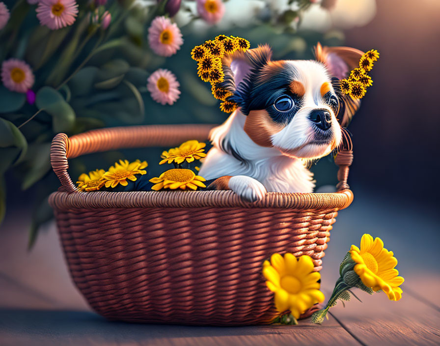 Tricolor puppy in wicker basket with yellow daisies