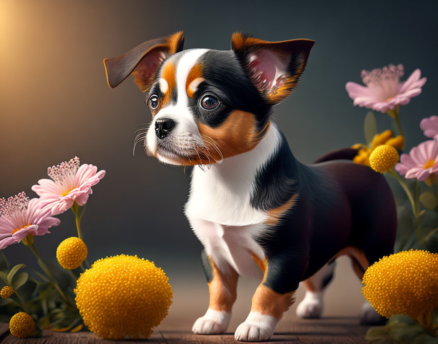 Tricolor Puppy Among Flowers with Expressive Eyes