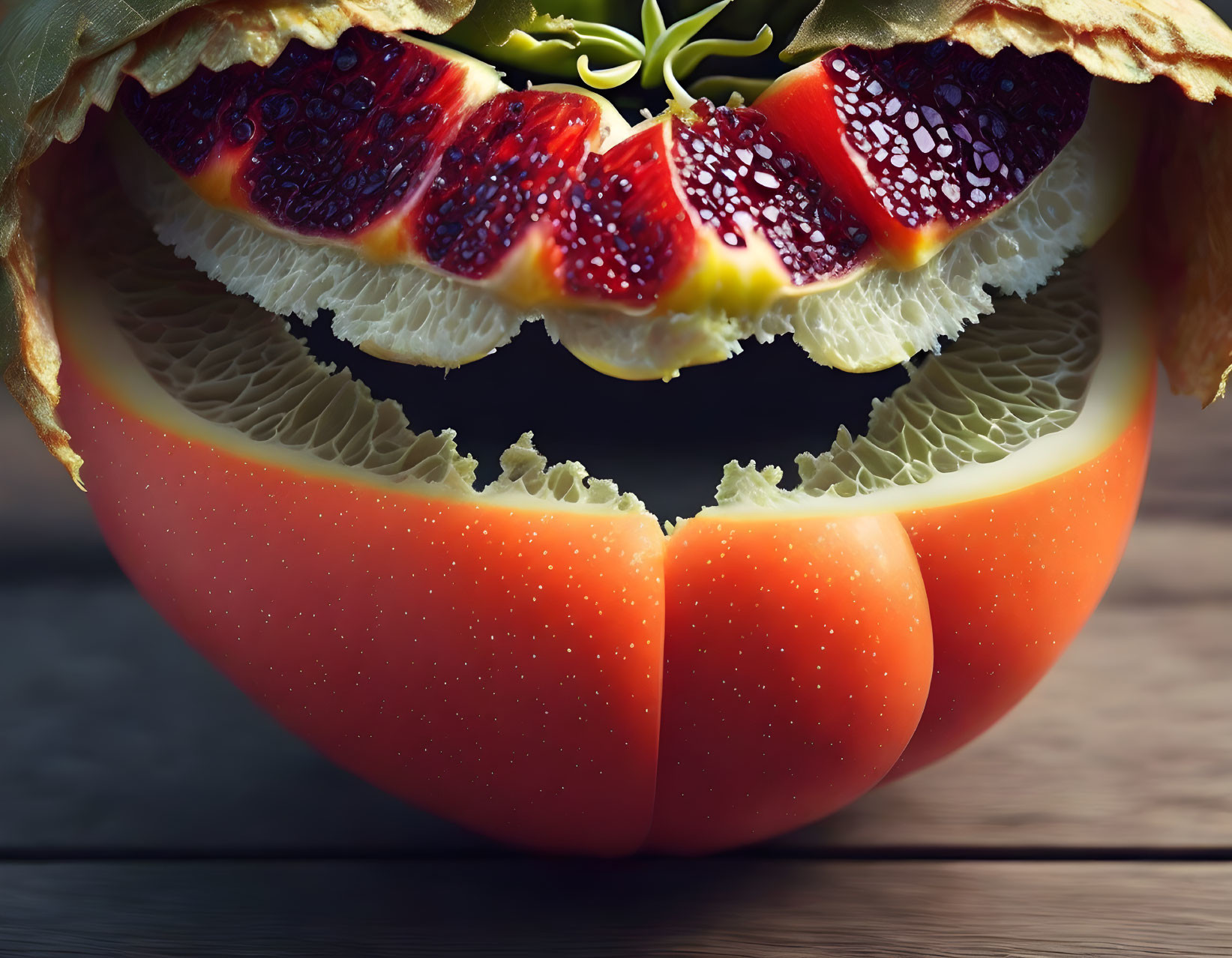 Altered Tomato with Melon Texture and Fig Smile on Wooden Surface