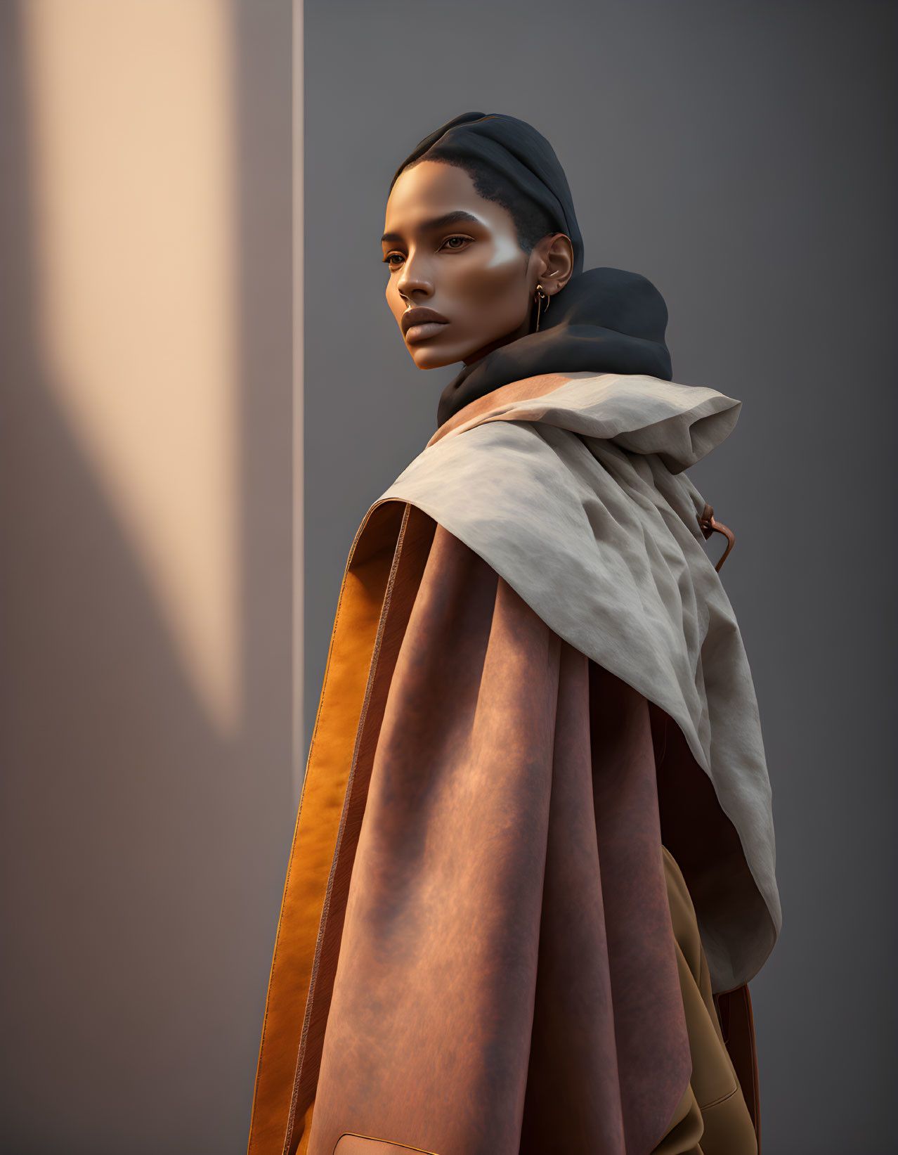 Portrait of a person in headscarf and tan coat against wall with shadow