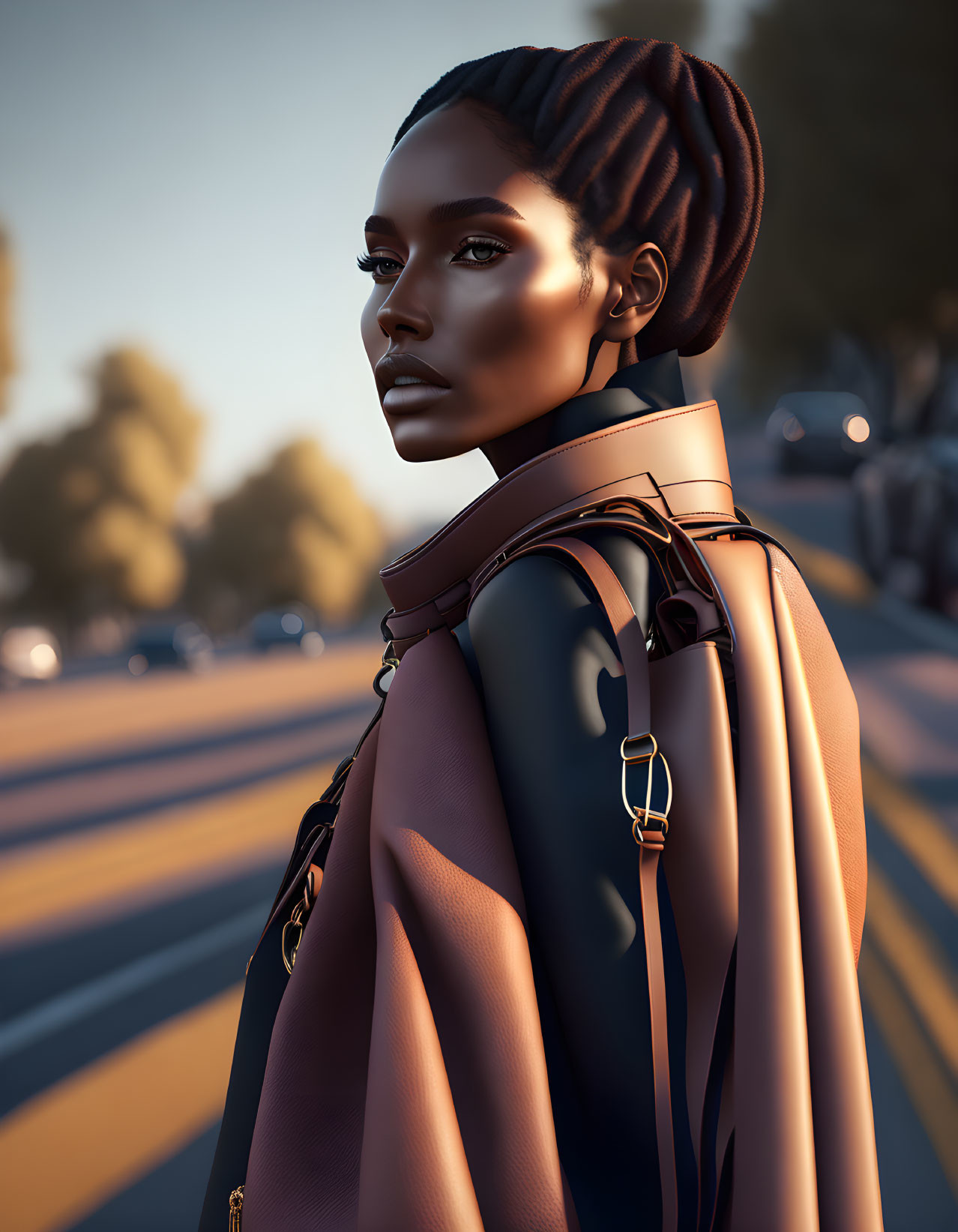 Woman with sleek hair in stylish coat on sunlit street