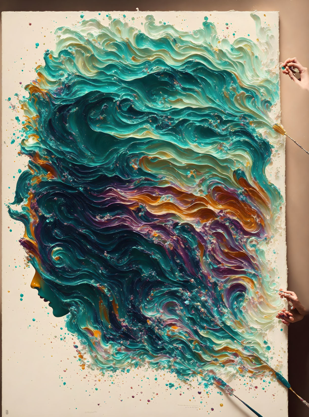 Colorful Marbled Painting with Swirling Blues, Greens, and Purples