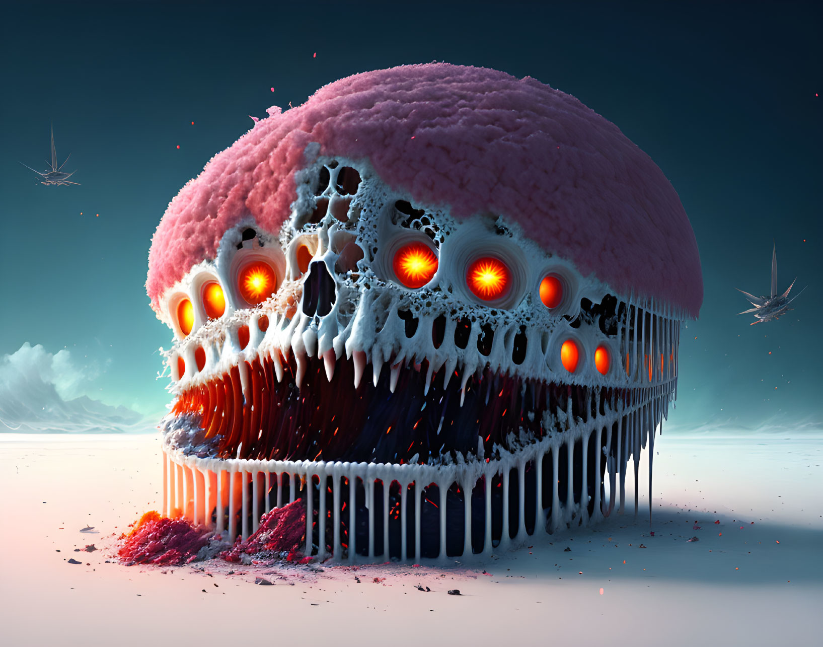 Monstrous jellyfish with glowing eyes and sharp teeth in icy setting