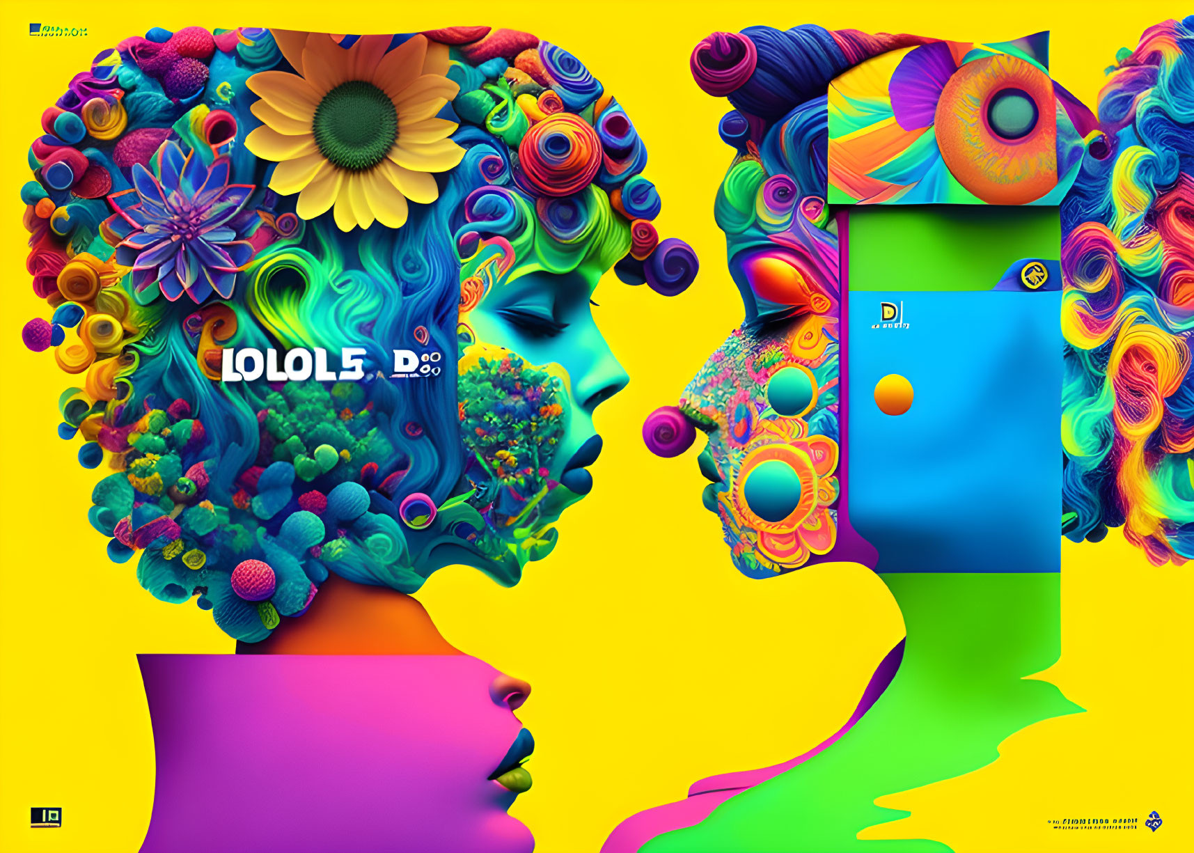 Colorful Profile Silhouettes with Psychedelic Patterns on Bright Background