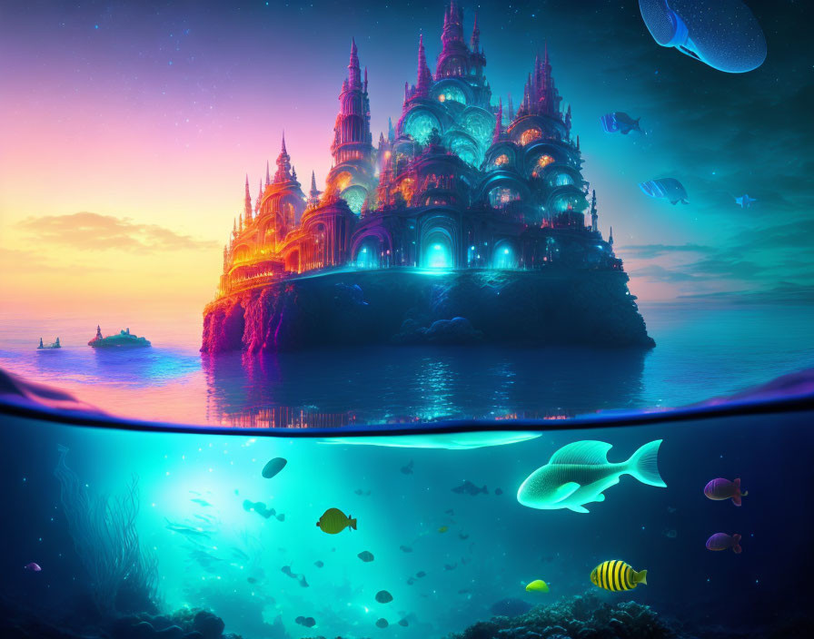 Digital artwork: Luminous castle above water, spaceships in starry sky