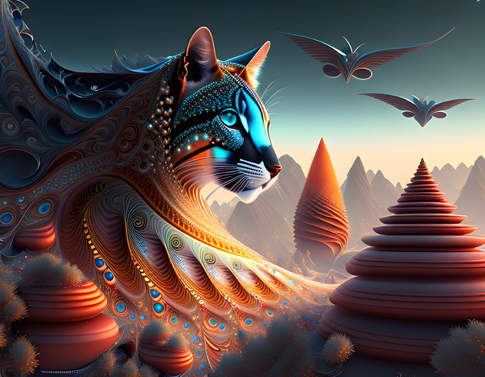 Colorful digital artwork: Ornate cat with peacock patterns in surreal landscape