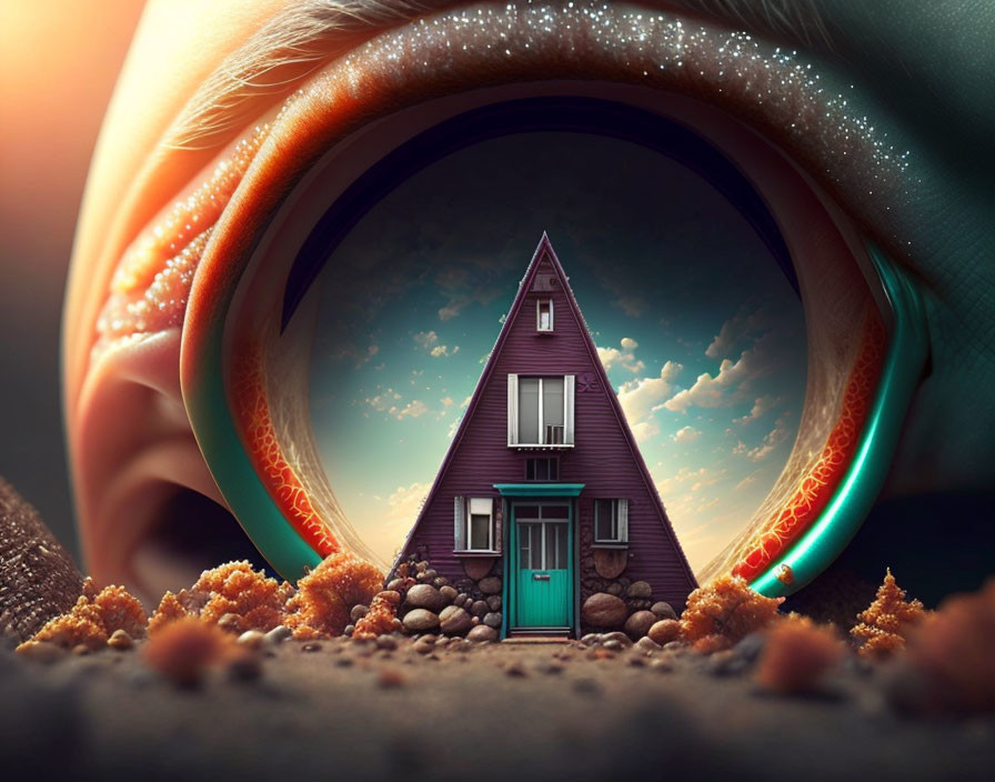 Surreal eye close-up merges with fantasy landscape