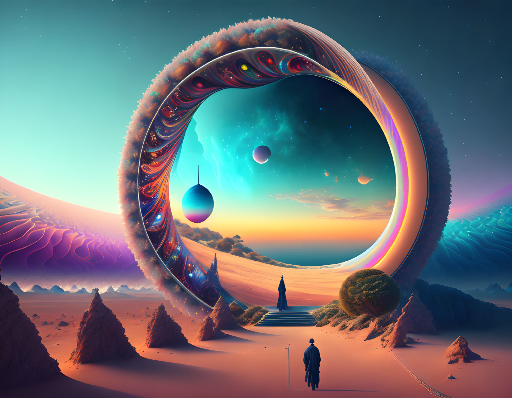 Person with cane gazes at surreal celestial portal in alien desert landscape
