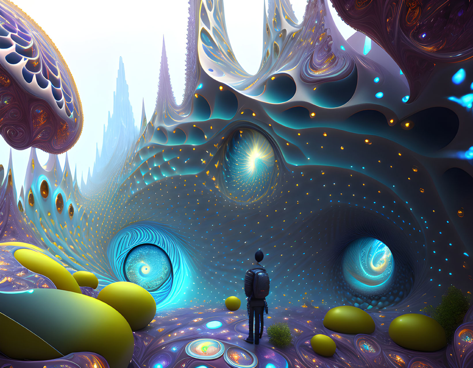 Surreal landscape with organic structures and glowing orbs