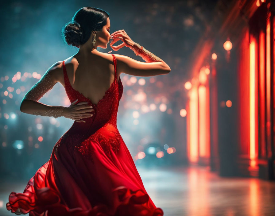 Elegant woman in red dress on stage with illuminated pillars