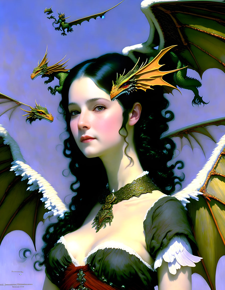 Fantasy portrait: Woman with dragon-like wings and small dragons in soft blue backdrop