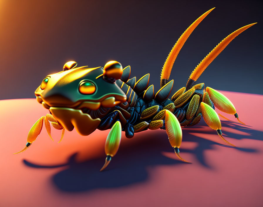 Colorful CGI illustration of stylized mechanical caterpillar on gradient background