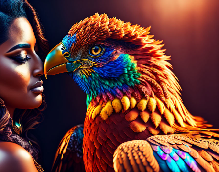 Colorful digital artwork merges woman's profile with bird, creating illusion.