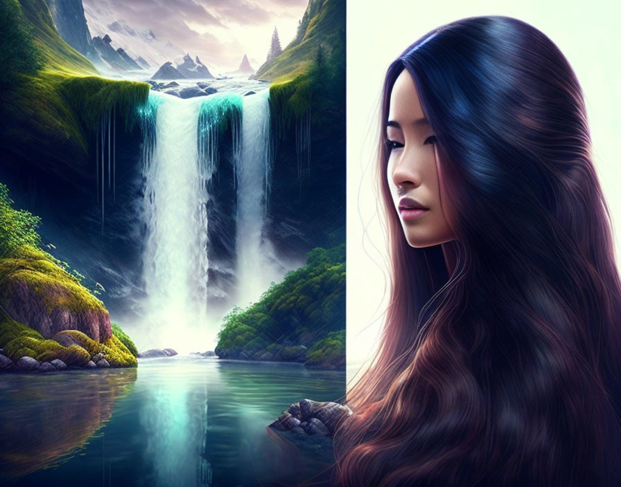 Split Image: Waterfall in Lush Landscape & Woman's Glossy Hair