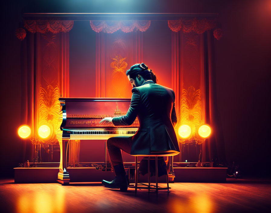 Person in suit plays grand piano on stage under warm glowing lights