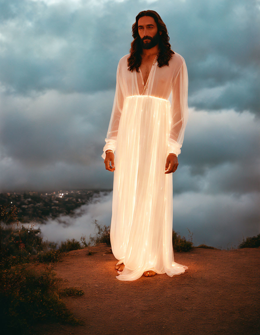 Person in glowing white robe on hilltop at dusk with clouds - surreal atmosphere