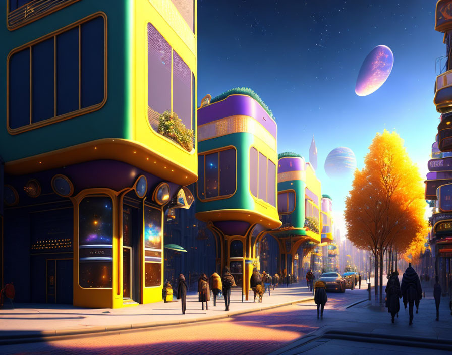 Colorful futuristic cityscape with pedestrians and celestial bodies at dusk