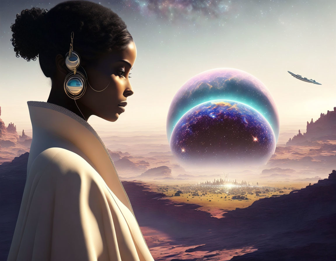 Woman with decorative earrings admires futuristic landscape with hovering city and spaceship.