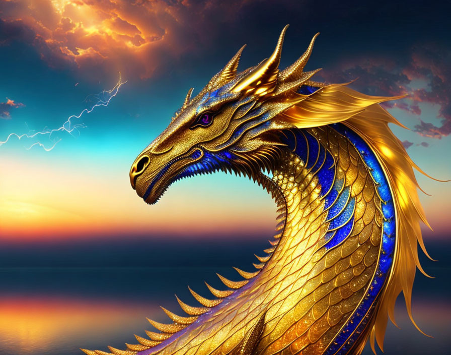 Golden Dragon in Dramatic Sunset Sky with Lightning