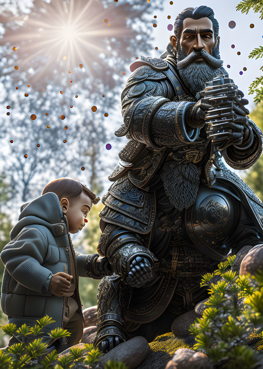 Child in hoodie gazes at armored knight in magical forest