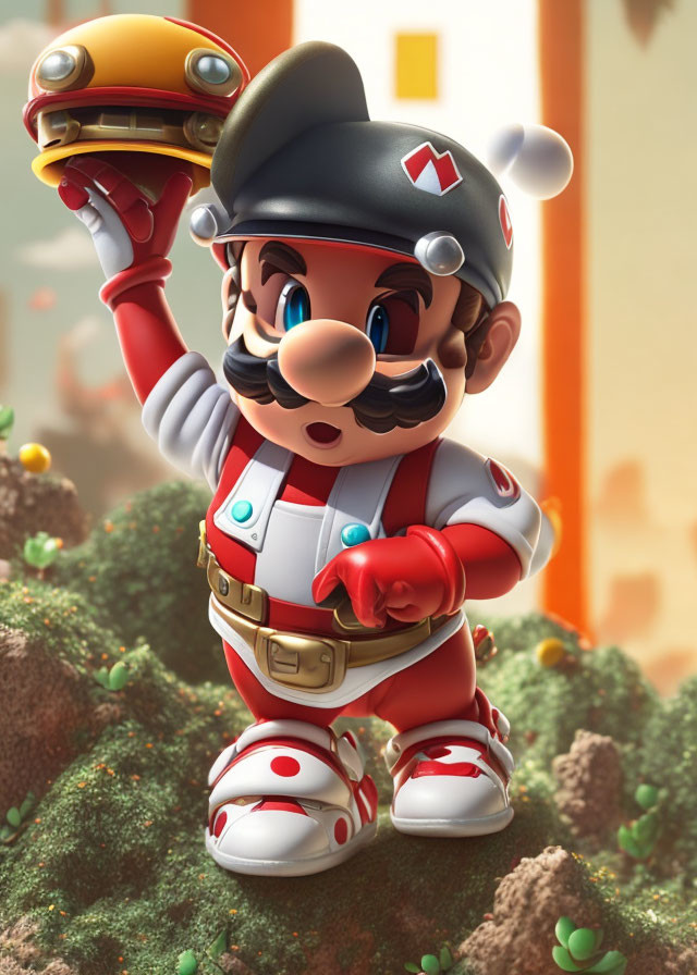 3D illustration of Mario in medical attire with cheeseburger and mushroom scenery