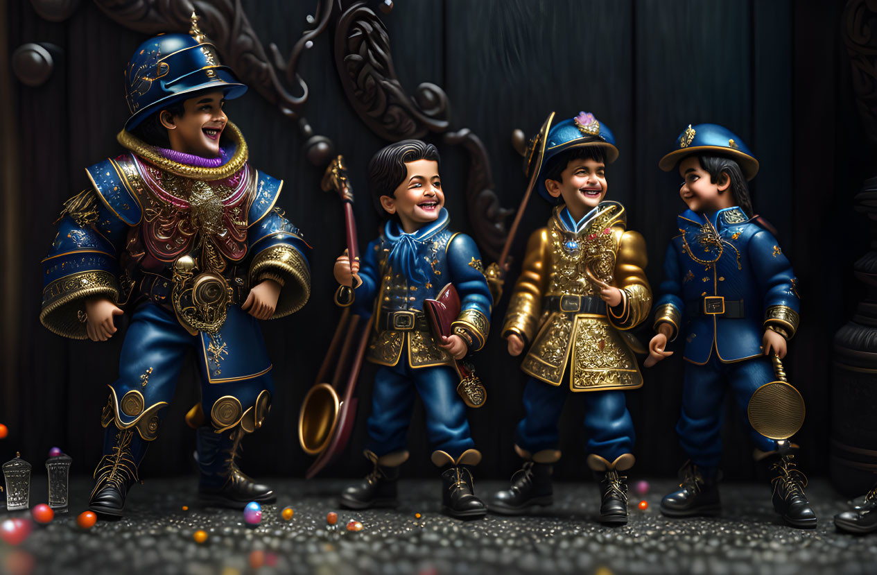 Four animated toy soldiers in blue and gold uniforms with musical instruments and colorful beads.