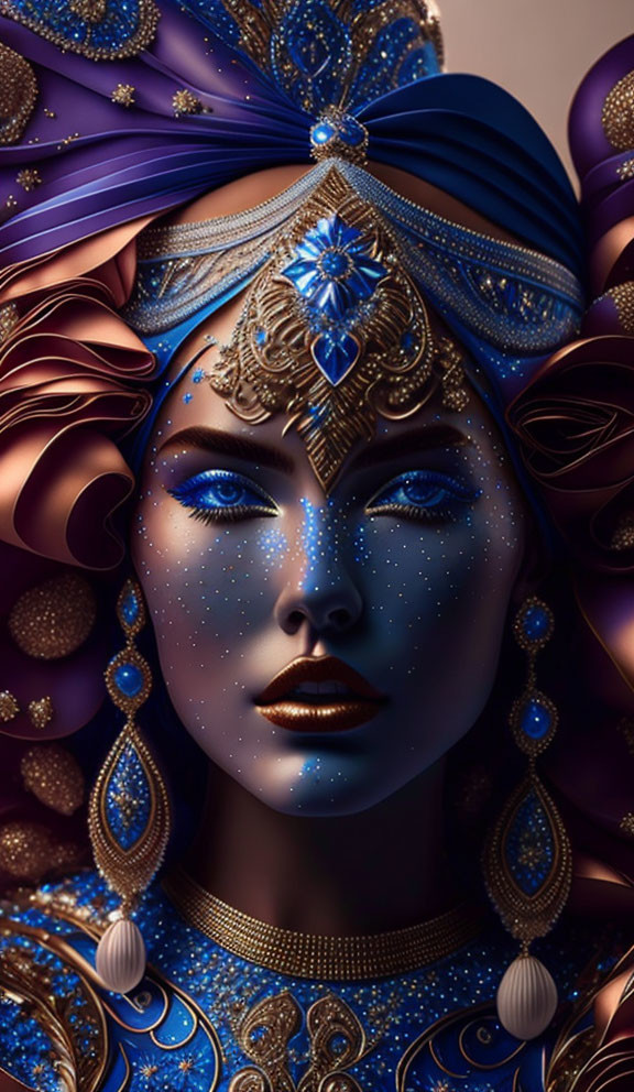 Blue-skinned woman digital art with gold jewelry and celestial theme