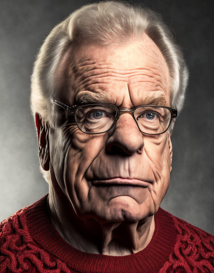 Elderly man with deep wrinkles and glasses in red sweater on gray backdrop