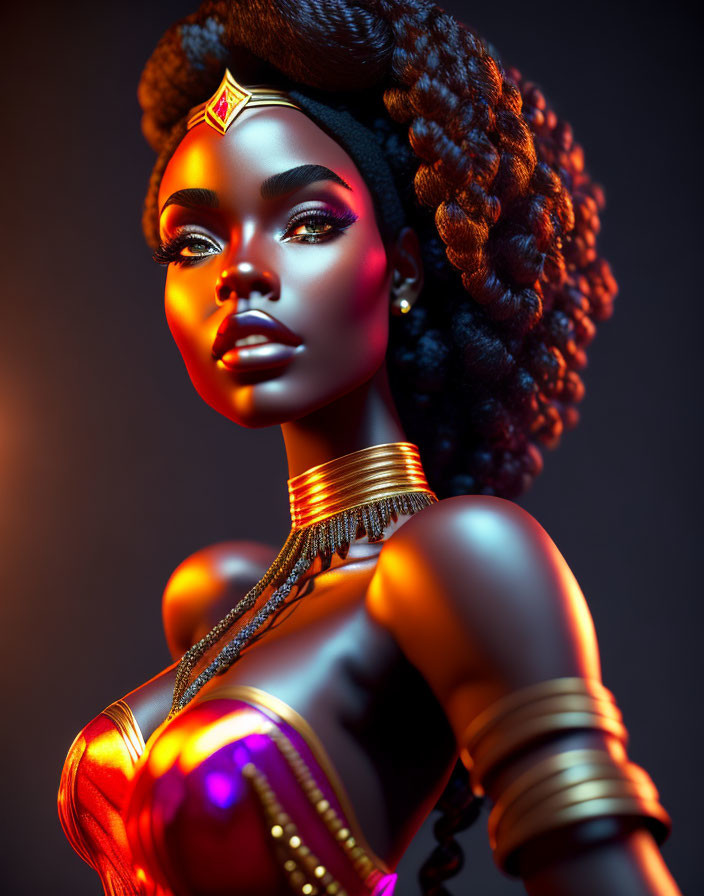 Digital art: Woman portrait with glowing skin, full lips, large eyes, purple outfit, gold accessories