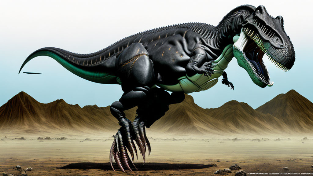 Detailed digital illustration of large, bipedal dinosaur in barren landscape