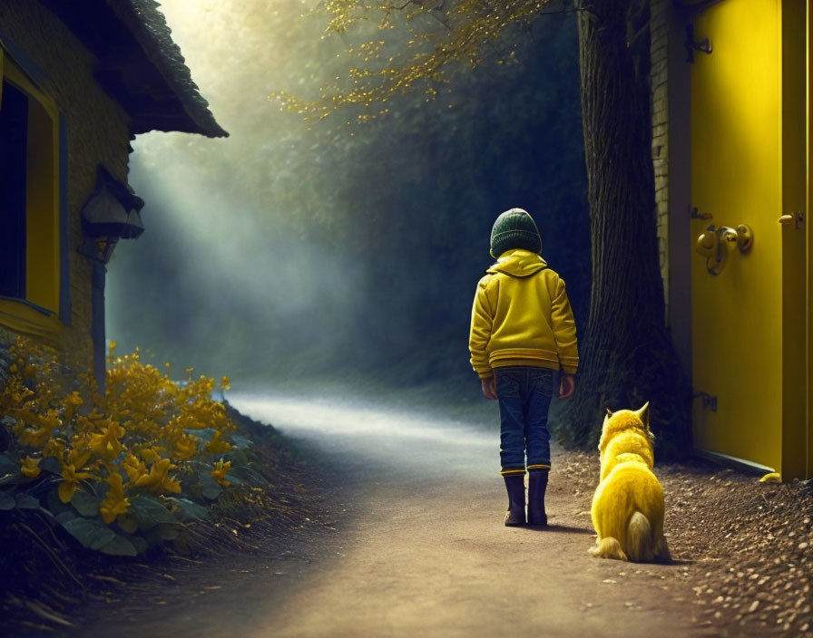 Child in Yellow Jacket with Dog on Misty Forest Path by Yellow House