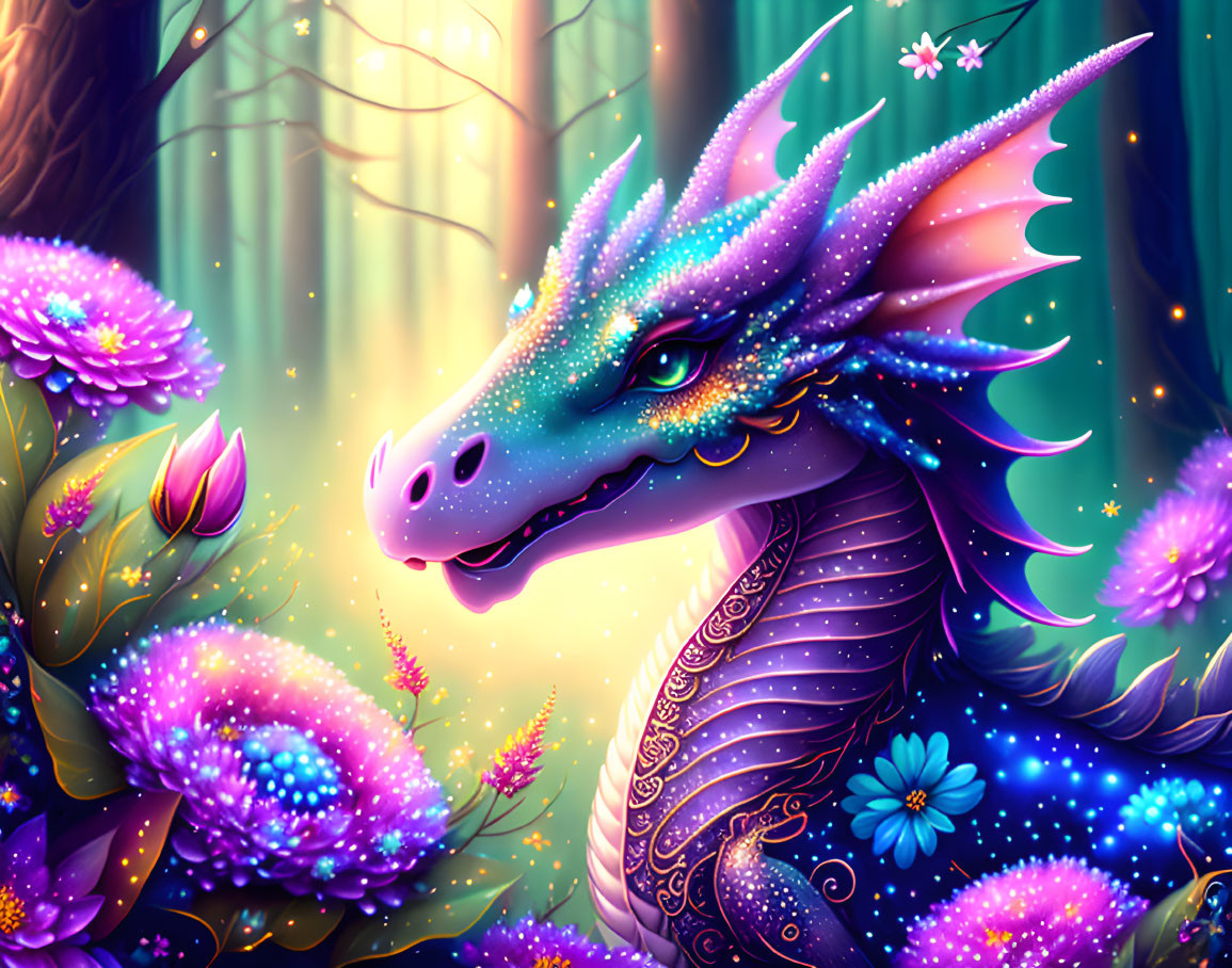 Whimsical dragon with blue scales in magical forest landscape